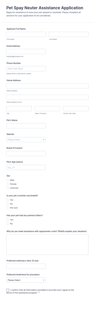 Pet Spay Neuter Assistance Application Form Template