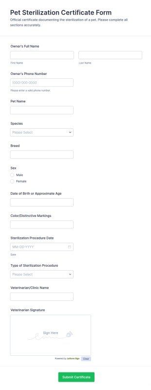 Pet Sterilization Certificate Form Template