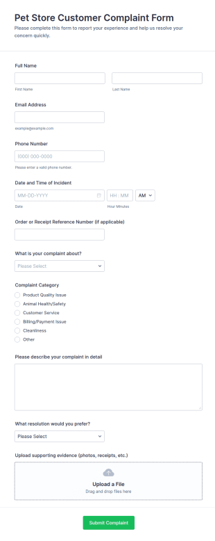Pet Store Customer Complaint Form Template