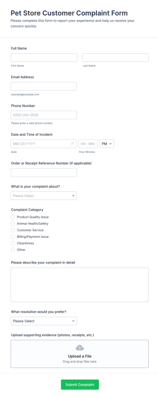 Pet Store Customer Complaint Form Template
