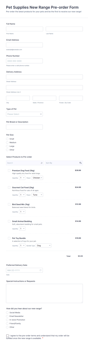 Pet Supplies New Range Pre Order Form Template