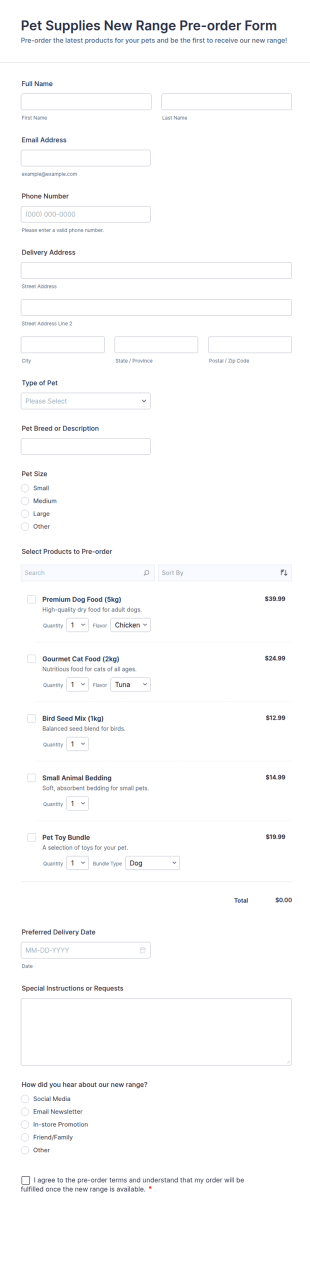 Pet Supplies New Range Pre Order Form Template
