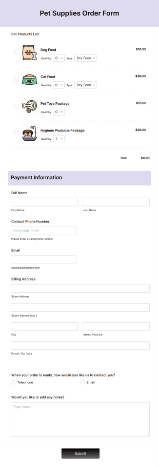 Pet Supplies Order Form Template