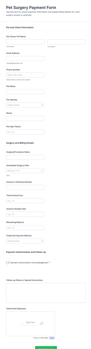 Pet Surgery Payment Form Template