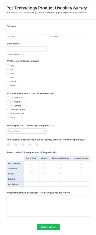Pet Technology Product Usability Survey Form Template
