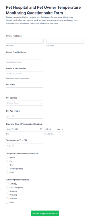 Pet Temperature Monitoring Questionnaire Form Template