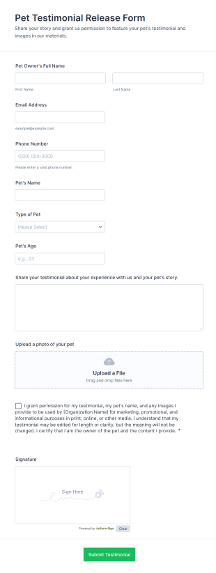 Pet Testimonial Release Form Template