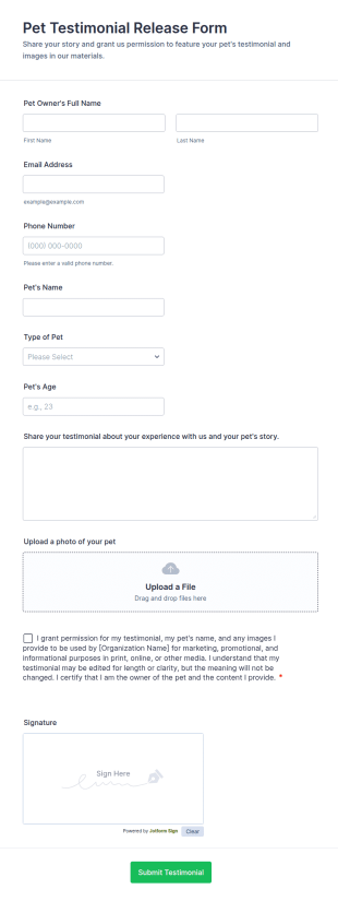 Pet Testimonial Release Form Template