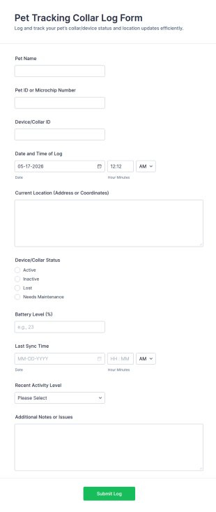 Pet Tracking Collar Log Form Template
