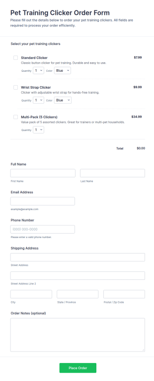 Pet Training Clicker Order Form Template