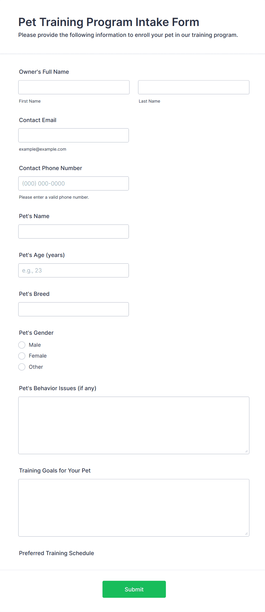 Pet Training Program Intake Form Template | Jotform