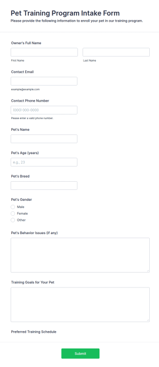Pet Training Program Intake Form Template