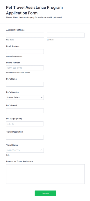 Pet Travel Assistance Program Application Form Template