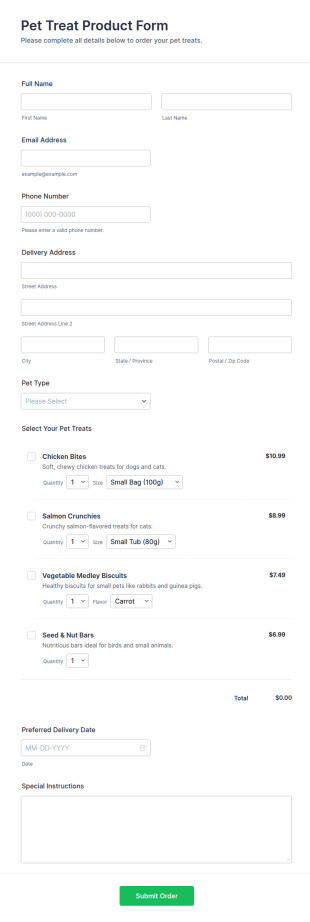 Pet Treat Product Form Template