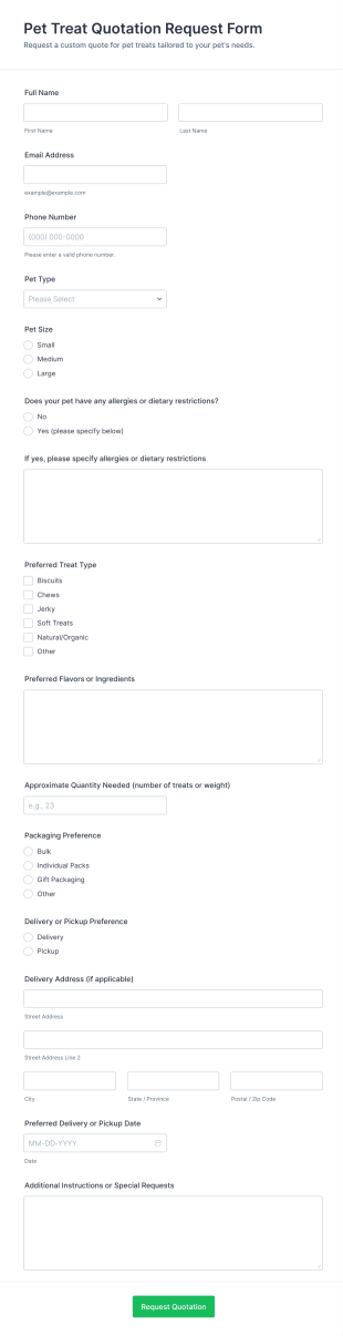Pet Treat Quotation Request Form Template