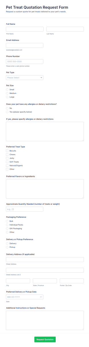 Pet Treat Quotation Request Form Template