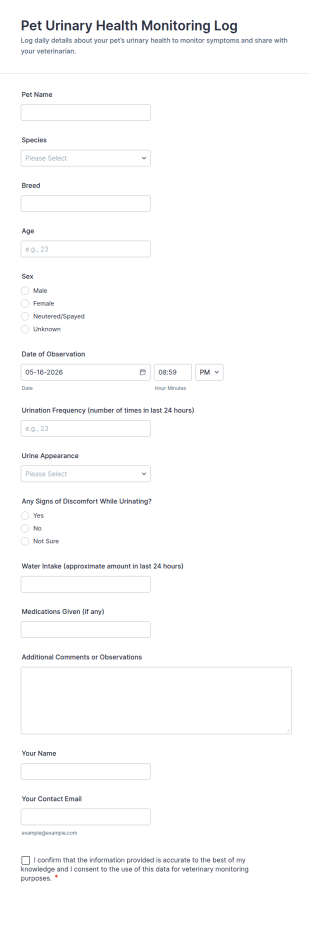Pet Urinary Health Monitoring Log Form Template