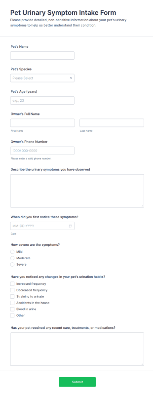 Pet Urinary Symptom Intake Form Template