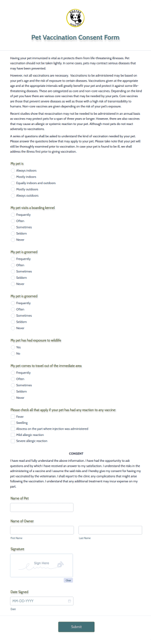 Pet Vaccination Consent Form Template