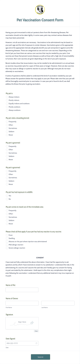 Pet Vaccination Consent Form Template