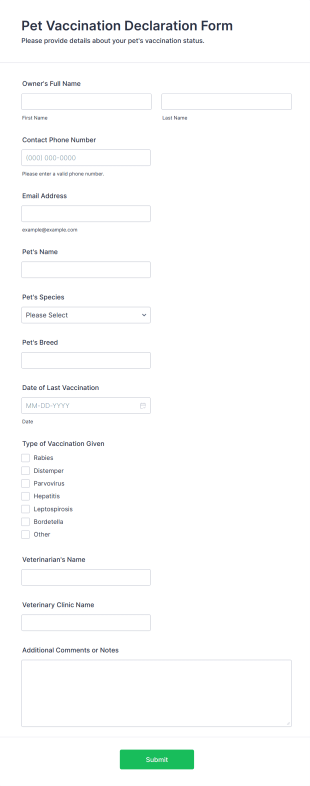 Pet Vaccination Declaration Form Form Template