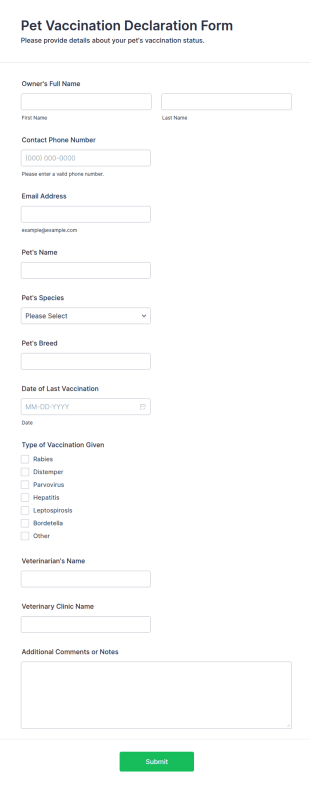 Pet Vaccination Declaration Form Template