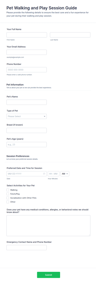Pet Walking And Play Session Guide Form Template
