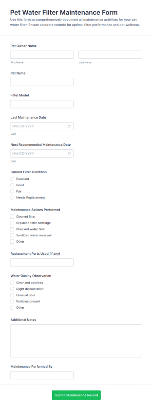 Pet Water Filter Maintenance Form Template