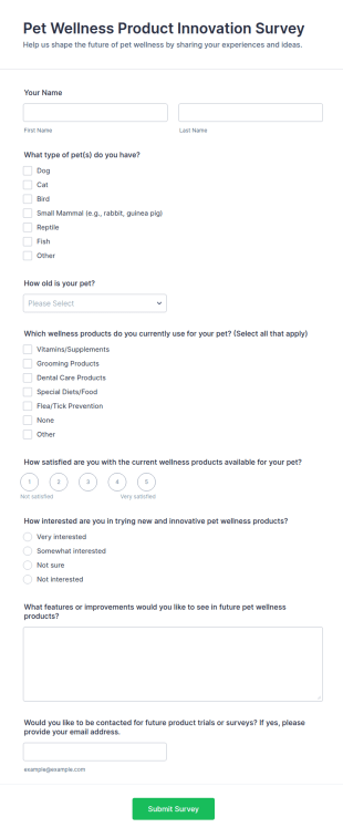 Pet Wellness Product Innovation Survey Form Template