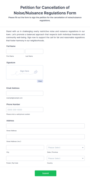 Petition For Cancellation Of NoiseNuisance Regulations Form Template