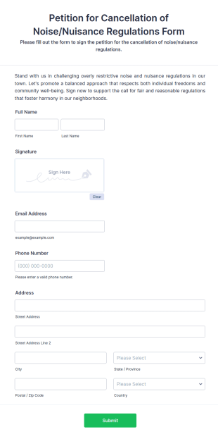 Petition For Cancellation Of NoiseNuisance Regulations Form Template