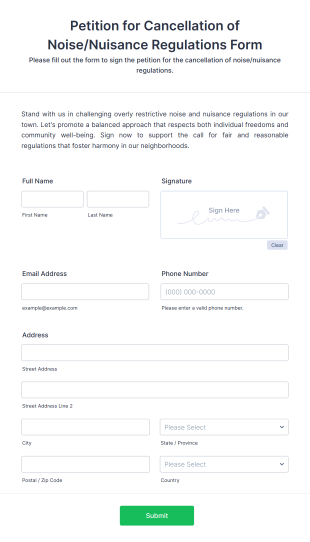 Petition For Cancellation Of NoiseNuisance Regulations Form Template