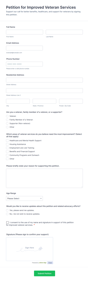 Petition For Improved Veteran Services Form Template