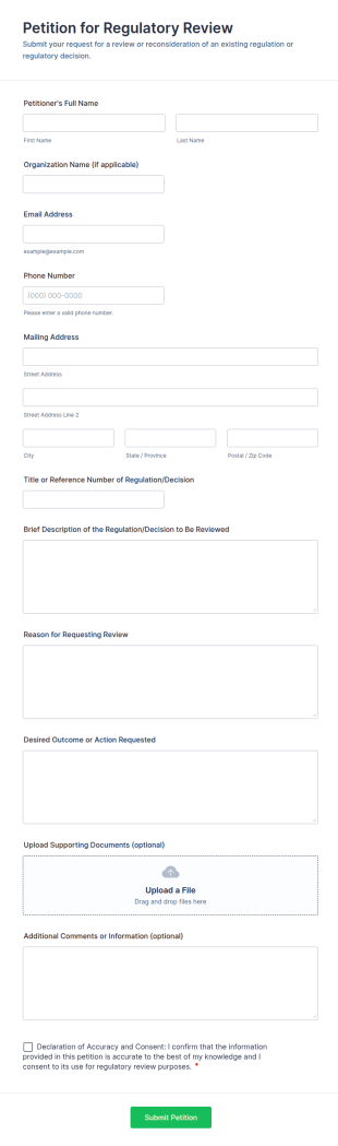 Petition For Regulatory Review Form Template