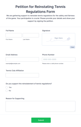 Petition For Reinstating Tennis Regulations Form Template