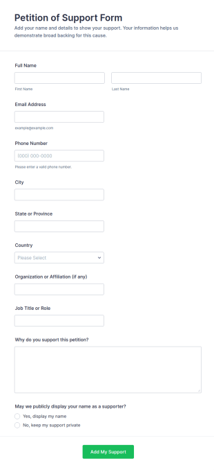 Petition Of Support Form Template