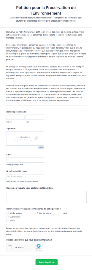 Pétition Pour La Préservation De L'Environnement