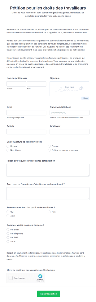 Pétition Pour Les Droits Des Travailleurs Form Template