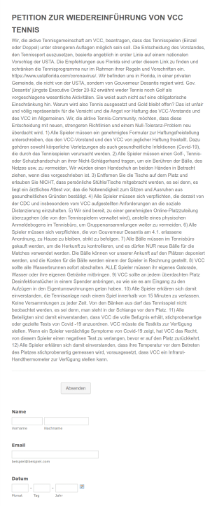 Petition Zur Wiedereinführung Von Vcc Tennis Form Template