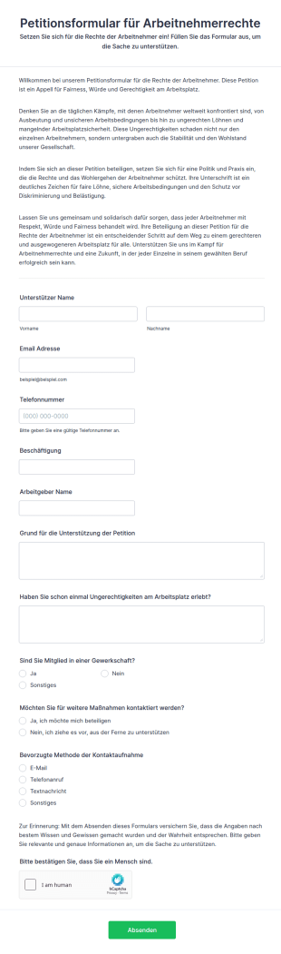 Petitionsformular Für Arbeitnehmerrechte