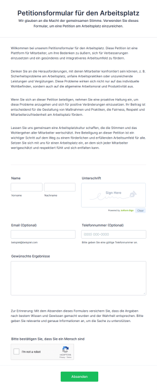 Petitionsformular Für Den Arbeitsplatz Form Template