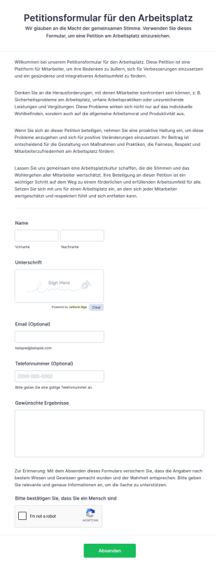 Petitionsformular Für Den Arbeitsplatz