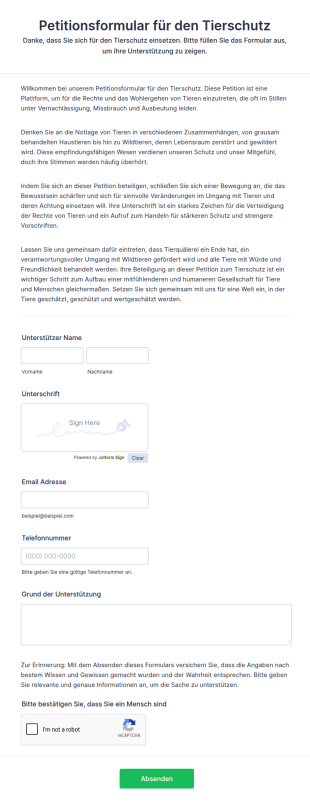 Petitionsformular Für Den Tierschutz