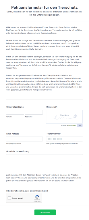 Petitionsformular Für Den Tierschutz