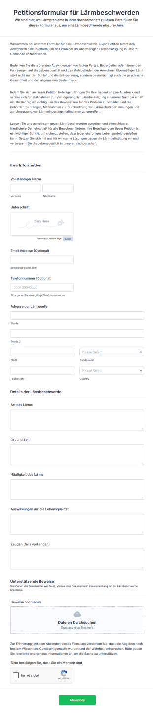 Petitionsformular Für Lärmbeschwerden