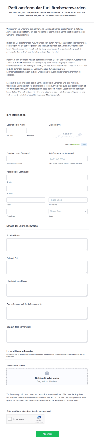 Petitionsformular Für Lärmbeschwerden Form Template