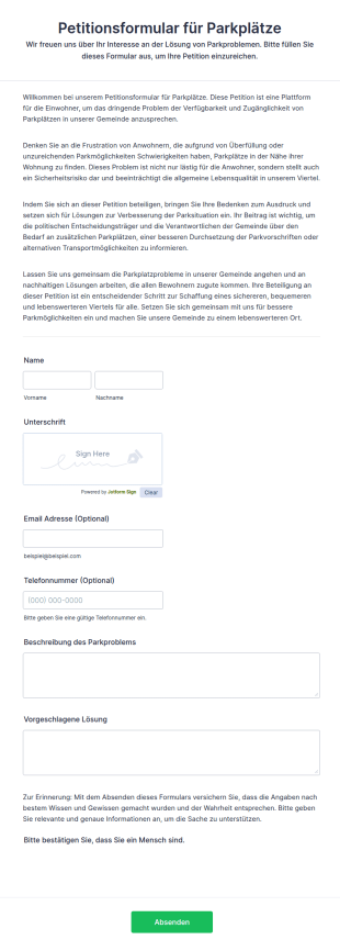 Petitionsformular Für Parkplätze