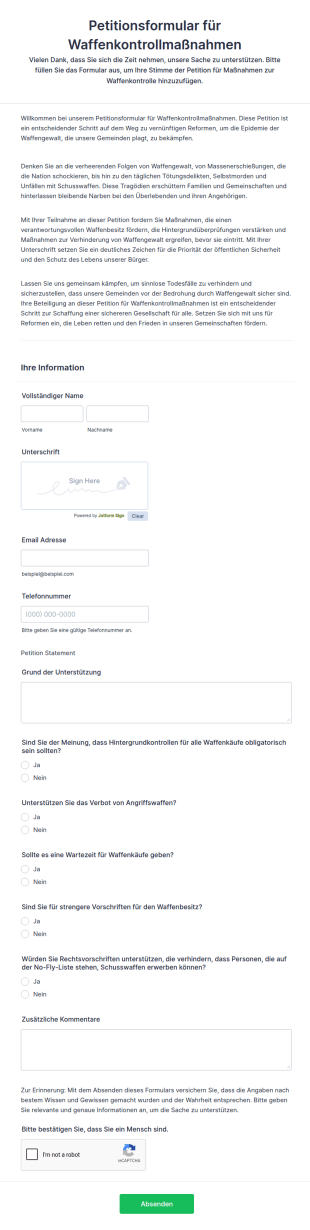 Petitionsformular Für Waffenkontrollmaßnahmen