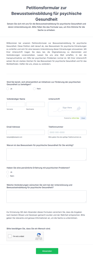 Petitionsformular Zur Bewusstseinsbildung Für Psychische Gesundheit Form Template
