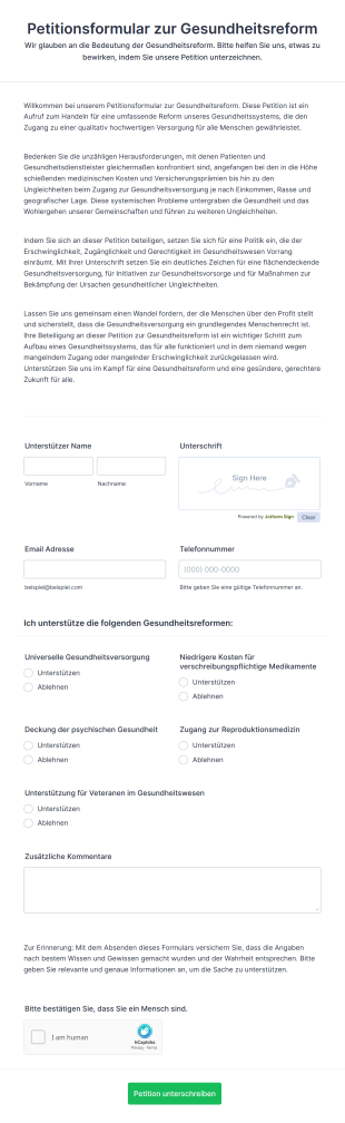 Petitionsformular Zur Gesundheitsreform Form Template